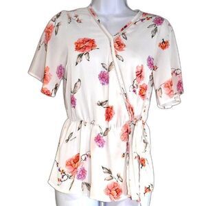 Sienna Sky Floral V-Neck Cinched Waist Short Sleeve Blouse Size Small